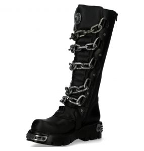 Black Itali Leather New Rock Metallic High Boots with Chains