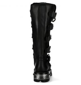 Black Itali Leather New Rock Metallic High Boots with Chains