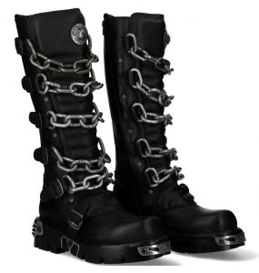 Black Itali Leather New Rock Metallic High Boots with Chains