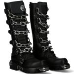 Black Itali Leather New Rock Metallic High Boots with Chains