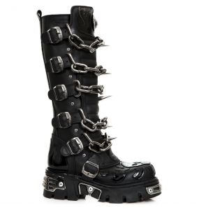 Black Itali and Pantent Leather New Rock Metallic High Boots with Chains and Spikes