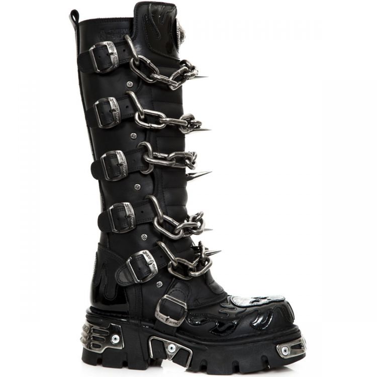 Bottes Hautes New Rock Metallic en Cuir Verni et Itali Noirs avec Chaînes et Spikes