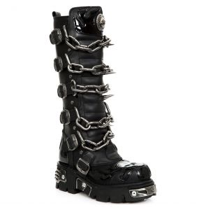 Black Itali and Pantent Leather New Rock Metallic High Boots with Chains and Spikes