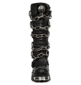 Black Itali and Pantent Leather New Rock Metallic High Boots with Chains and Spikes