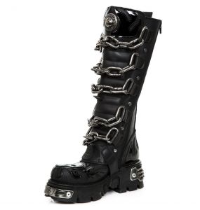 Bottes Hautes New Rock Metallic en Cuir Verni et Itali Noirs avec Chaînes et Spikes