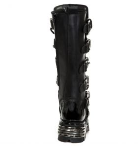 Bottes Hautes New Rock Metallic en Cuir Verni et Itali Noirs avec Chaînes et Spikes