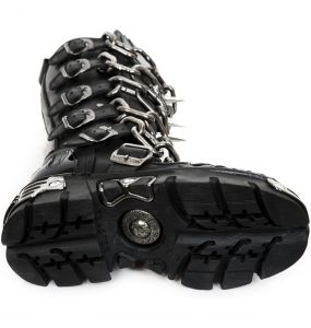 Bottes Hautes New Rock Metallic en Cuir Verni et Itali Noirs avec Chaînes et Spikes