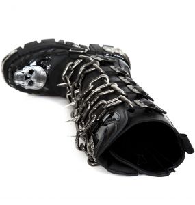 Black Itali and Pantent Leather New Rock Metallic High Boots with Chains and Spikes