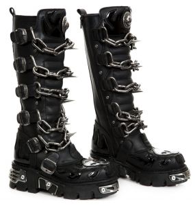 Bottes Hautes New Rock Metallic en Cuir Verni et Itali Noirs avec Chaînes et Spikes