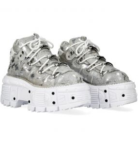 Chaussures New Rock Tank en Fourrure Argentée et Blanches