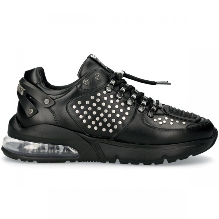 Black Leather New Rock Chrono Shoes with Studs