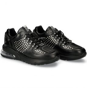 Black Leather New Rock Chrono Shoes with Studs
