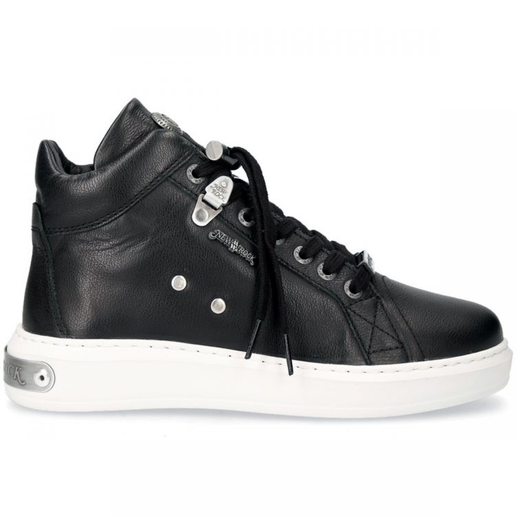 Black Leather New Rock Pisa High-Top Shoes with White Soles