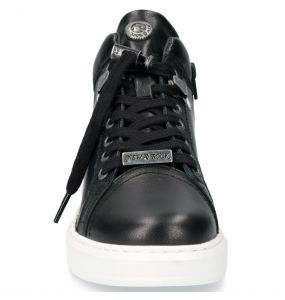 Black Leather New Rock Pisa High-Top Shoes with White Soles