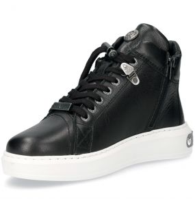 Black Leather New Rock Pisa High-Top Shoes with White Soles