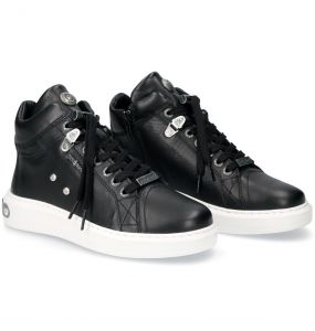 Black Leather New Rock Pisa High-Top Shoes with White Soles