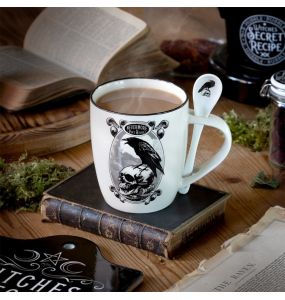 Porcelain 'Poe's Raven' Mug and Spoon Set