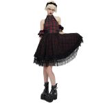Red and Black Tartan 'Bardot' Asymmetrical Dress