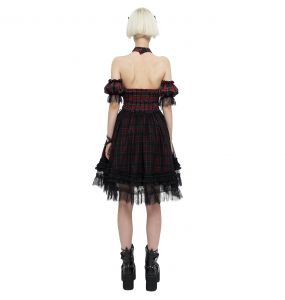 Robe Asymétrique 'Bardot' en Tartan Rouge et Noire