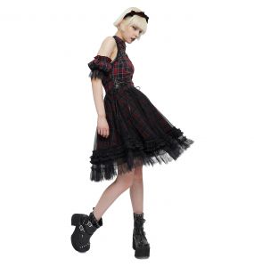 Robe Asymétrique 'Bardot' en Tartan Rouge et Noire