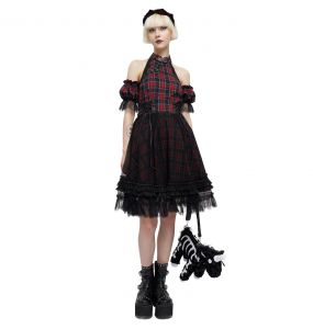 Robe Asymétrique 'Bardot' en Tartan Rouge et Noire