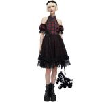 Red and Black Tartan 'Bardot' Asymmetrical Dress