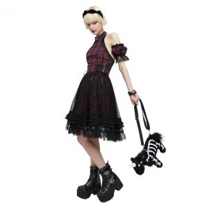 Red and Black Tartan 'Bardot' Asymmetrical Dress