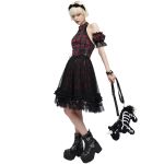 Red and Black Tartan 'Bardot' Asymmetrical Dress