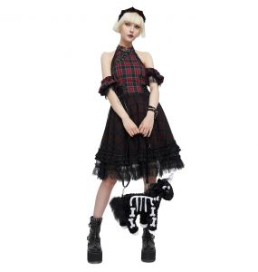Red and Black Tartan 'Bardot' Asymmetrical Dress