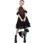 Robe Asymétrique 'Bardot' en Tartan Rouge et Noire
