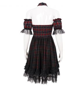 Red and Black Tartan 'Bardot' Asymmetrical Dress