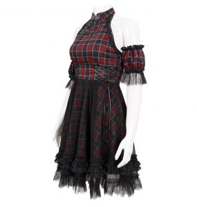 Robe Asymétrique 'Bardot' en Tartan Rouge et Noire