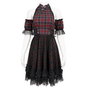 Red and Black Tartan 'Bardot' Asymmetrical Dress