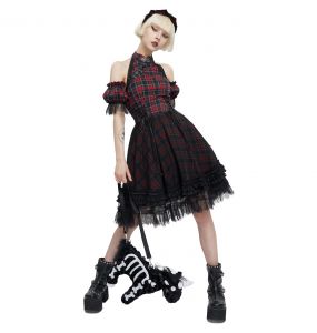 Red and Black Tartan 'Bardot' Asymmetrical Dress