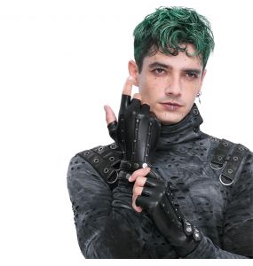 Black Vegan Leather 'Midnight Bloom' Males Fingerless Gloves