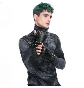 Black Vegan Leather 'Midnight Bloom' Males Fingerless Gloves