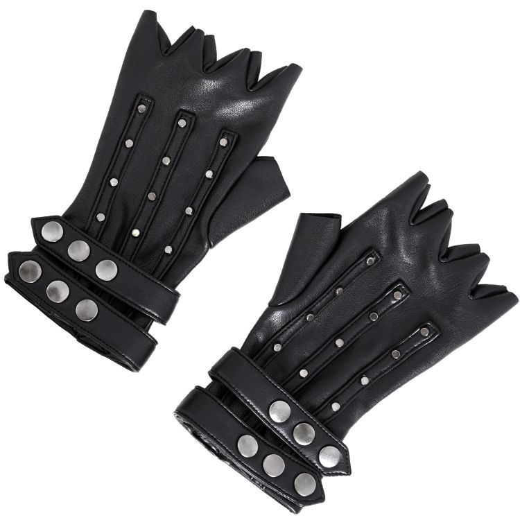 Black Vegan Leather 'Midnight Bloom' Males Fingerless Gloves