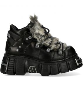 Gray Fur and Black Leather New Rock Metallic Shoes