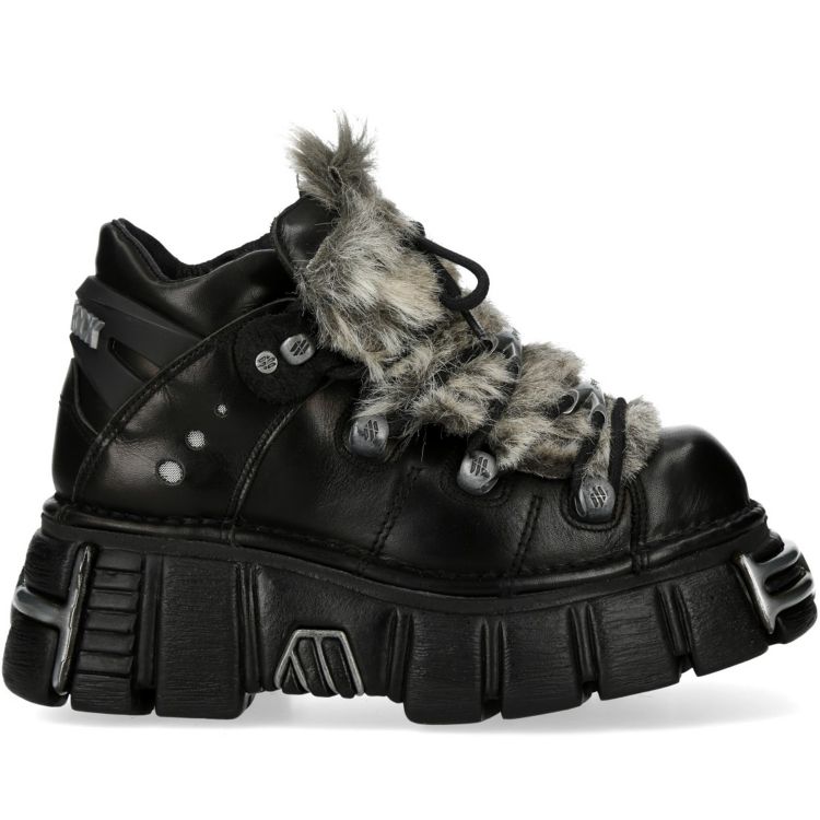 Chaussures New Rock Metallic en Fourrure Grise et Cuir Noir