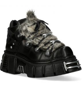 Chaussures New Rock Metallic en Fourrure Grise et Cuir Noir
