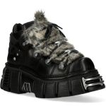 Chaussures New Rock Metallic en Fourrure Grise et Cuir Noir