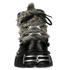 Chaussures New Rock Metallic en Fourrure Grise et Cuir Noir