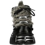 Chaussures New Rock Metallic en Fourrure Grise et Cuir Noir