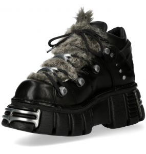 Gray Fur and Black Leather New Rock Metallic Shoes