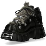 Chaussures New Rock Metallic en Fourrure Grise et Cuir Noir