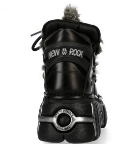 Chaussures New Rock Metallic en Fourrure Grise et Cuir Noir