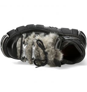 Chaussures New Rock Metallic en Fourrure Grise et Cuir Noir