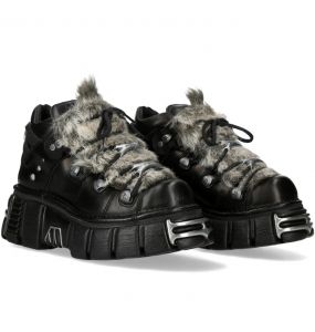 Chaussures New Rock Metallic en Fourrure Grise et Cuir Noir