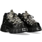 Chaussures New Rock Metallic en Fourrure Grise et Cuir Noir