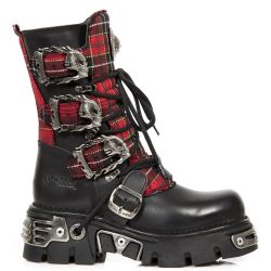 Black Leather and Red Tartan New Rock Metallic Boots